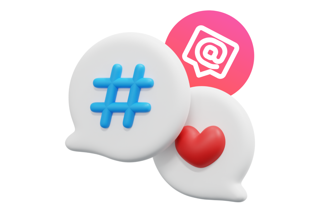 tag per social network, cancelletto blu, cuoricino rosso e chiocciolina bianca su gradiente rosa per eventi di local marcheting