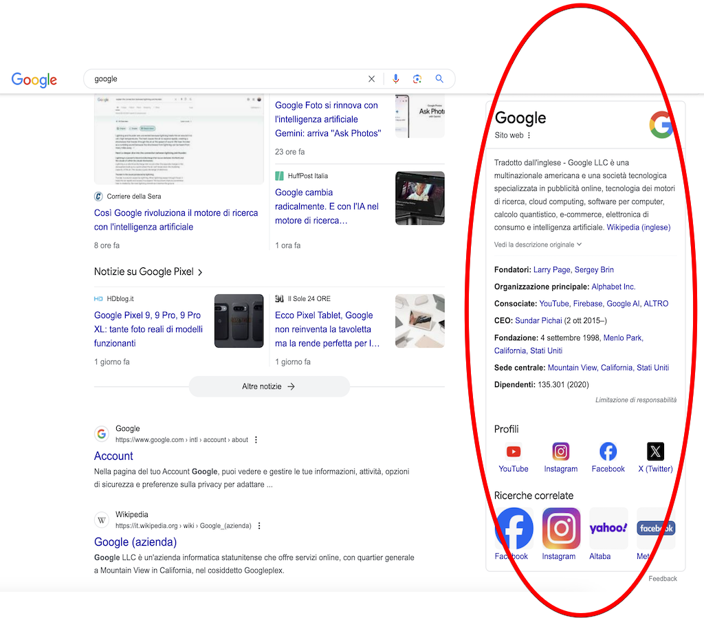 Knowledpage Panel di Google mostrato al lato destro di una pagine web di risultati