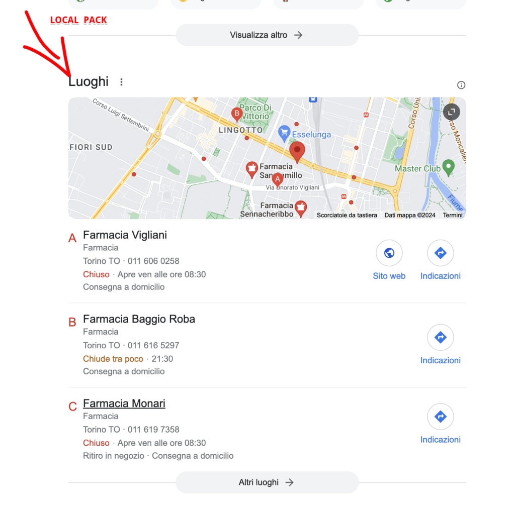 Local Pack di Google composto da una mappa e tre risultati corrispondenti relativi ad una ricerca di farmacia