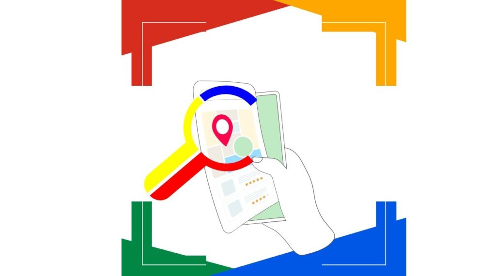 grafica rappresentante la scheda Google business profile riprodotta su di un cellulare con una lente d'ingrandimento rossa che ingrandisce la mappa